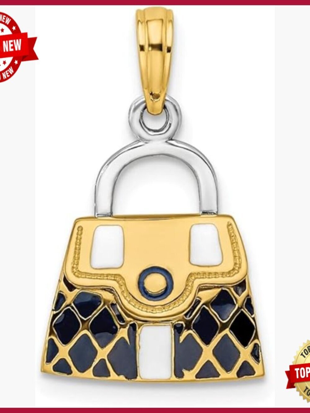 14K Yellow Gold Opens Quilted Handbag Charm Pendant 0.87 Inch